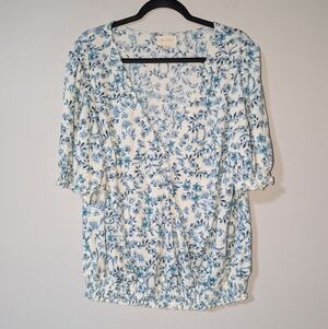 2X Melloday Blue Floral Print Faux Wrap Boho Top